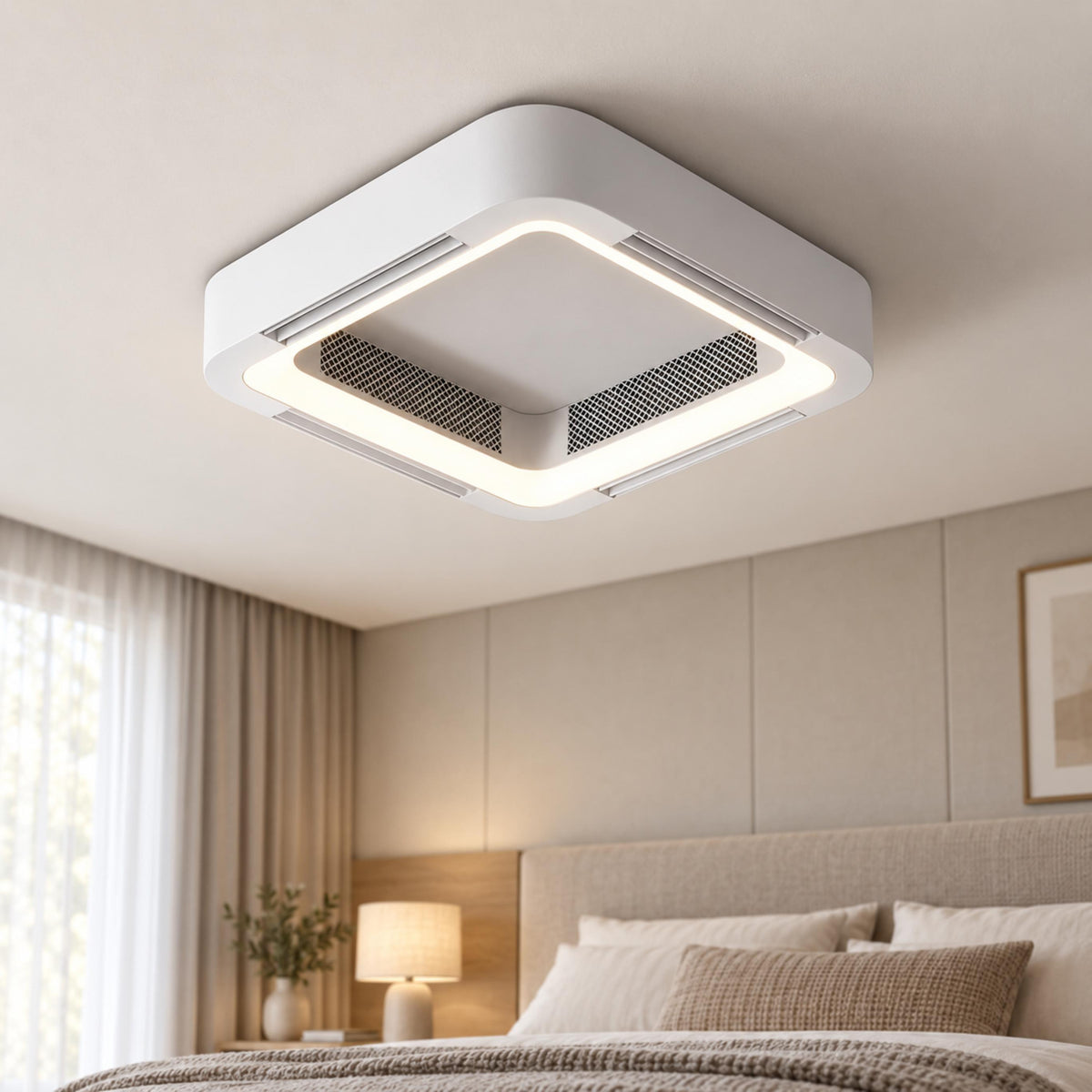 Modern Bladeless Ceiling Fan with Flush Mount Design Metal Body Dimmable LED Light and Remote Control