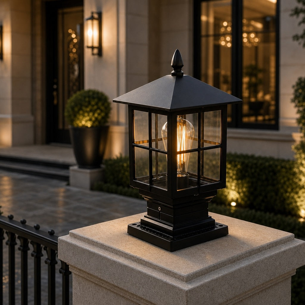 Solar Outdoor Pillar Light Wall Mounted Aluminum Alloy Glass Waterproof LED Dual Power