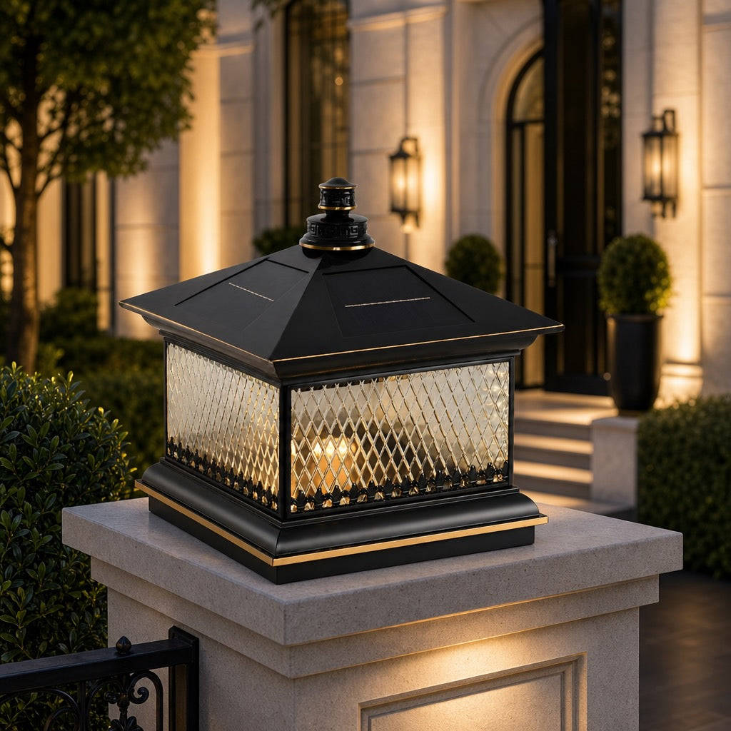 Solar Garden Post Light Modern Aluminum LED Diamond Glass Remote Control Outdoor