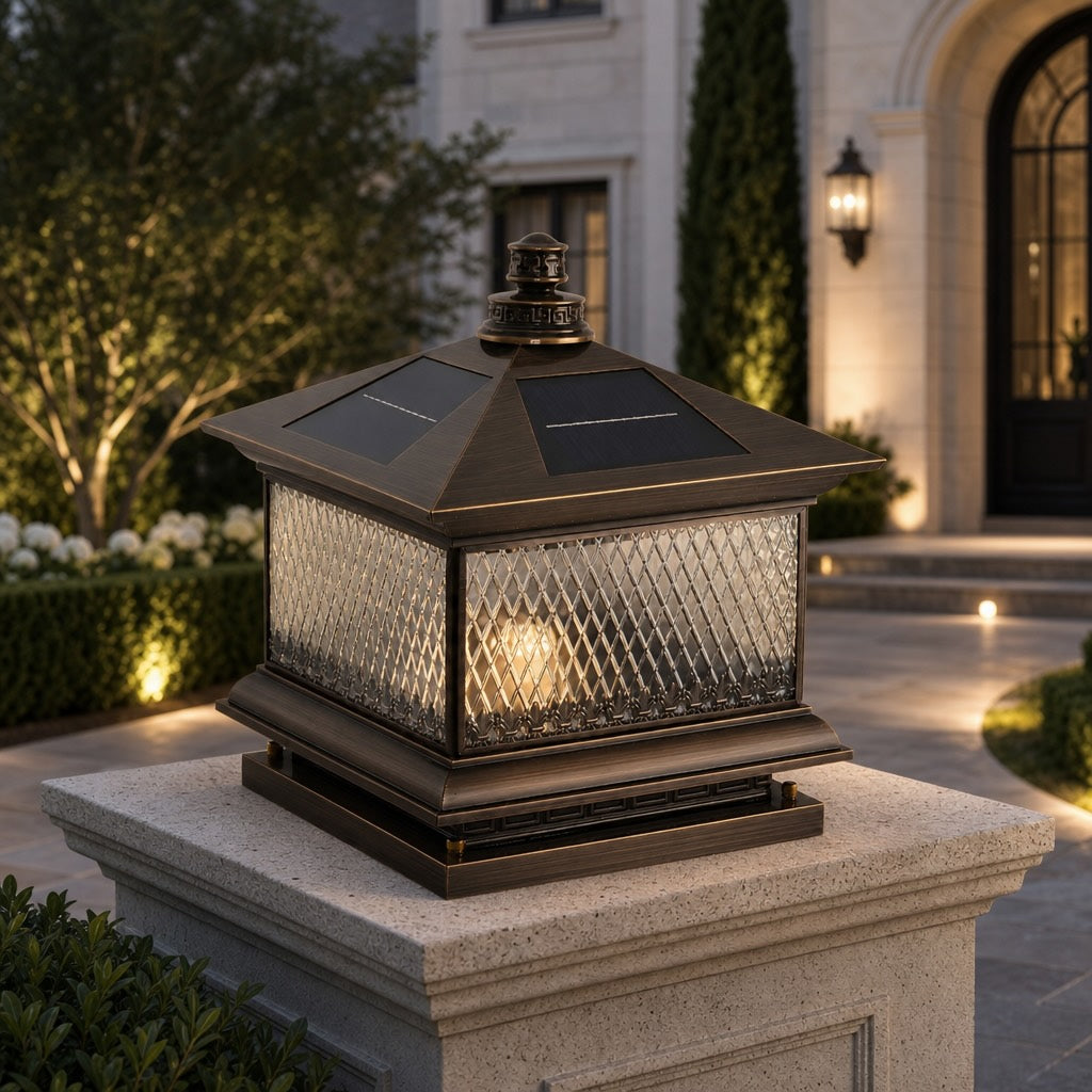 Solar Garden Post Light Modern Aluminum LED Diamond Glass Remote Control Outdoor
