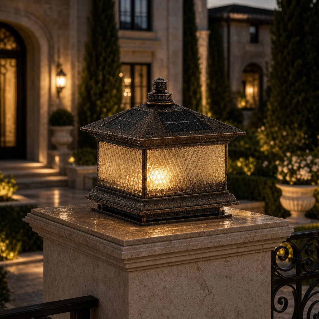 Solar Garden Post Light Modern Aluminum LED Diamond Glass Remote Control Outdoor