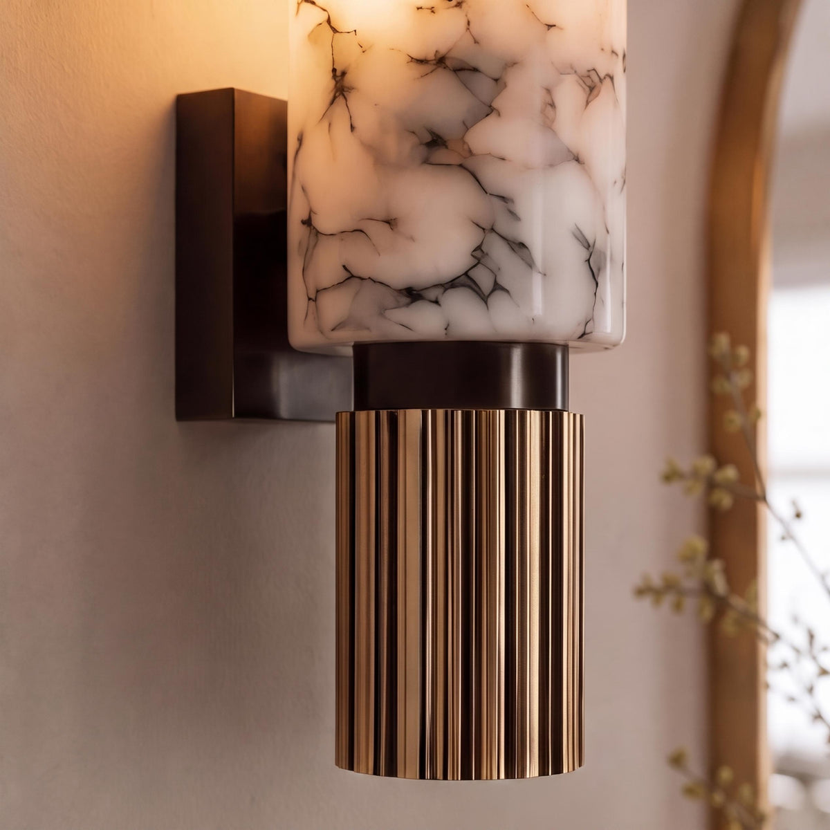 Contemporary Wall Light Wall Mounted Alabaster Cylinder Fluted Copper Base LED Sconce 38cm