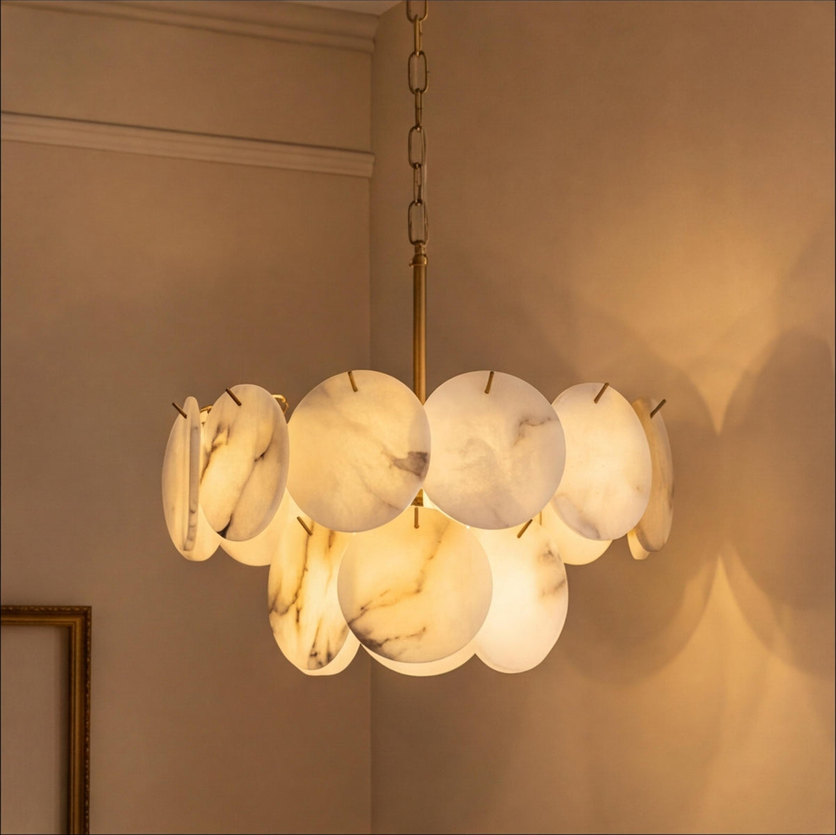 Modern Double-Tier Chandelier Hanging Brass Frame with Alabaster Discs and Adjustable Chain Length