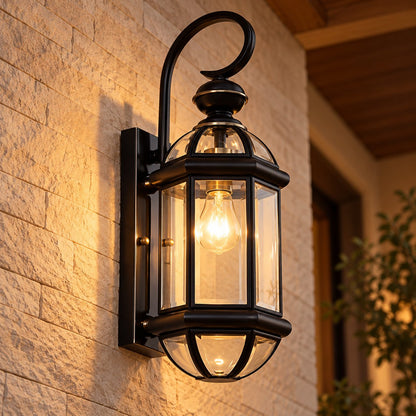 Vintage Outdoor Wall Light Brass Construction Clear Glass Shade Hardwired Waterproof IP56
