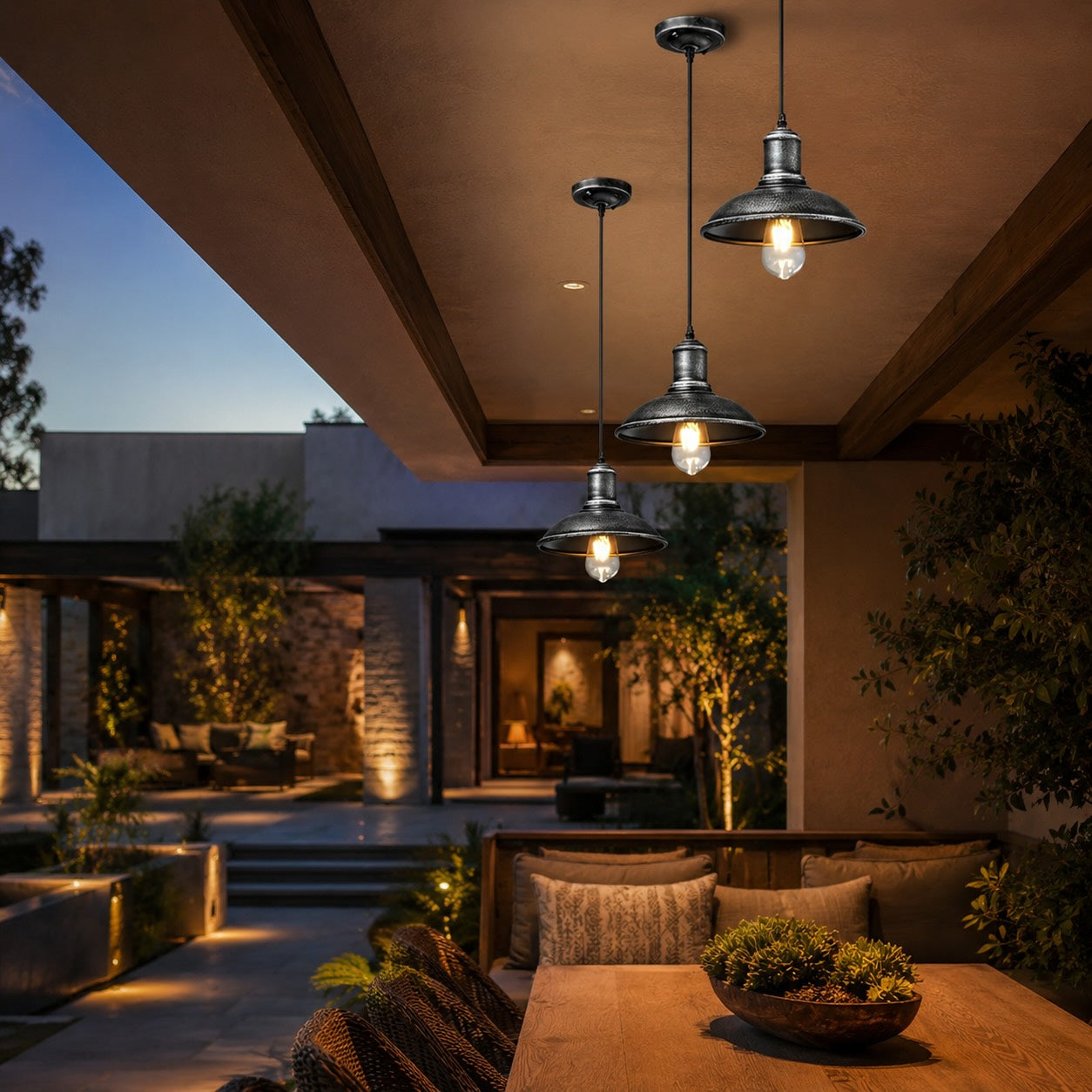 Industrial Outdoor Pendant Light Fixture Hanging Iron Waterproof LED 3000K Warm White