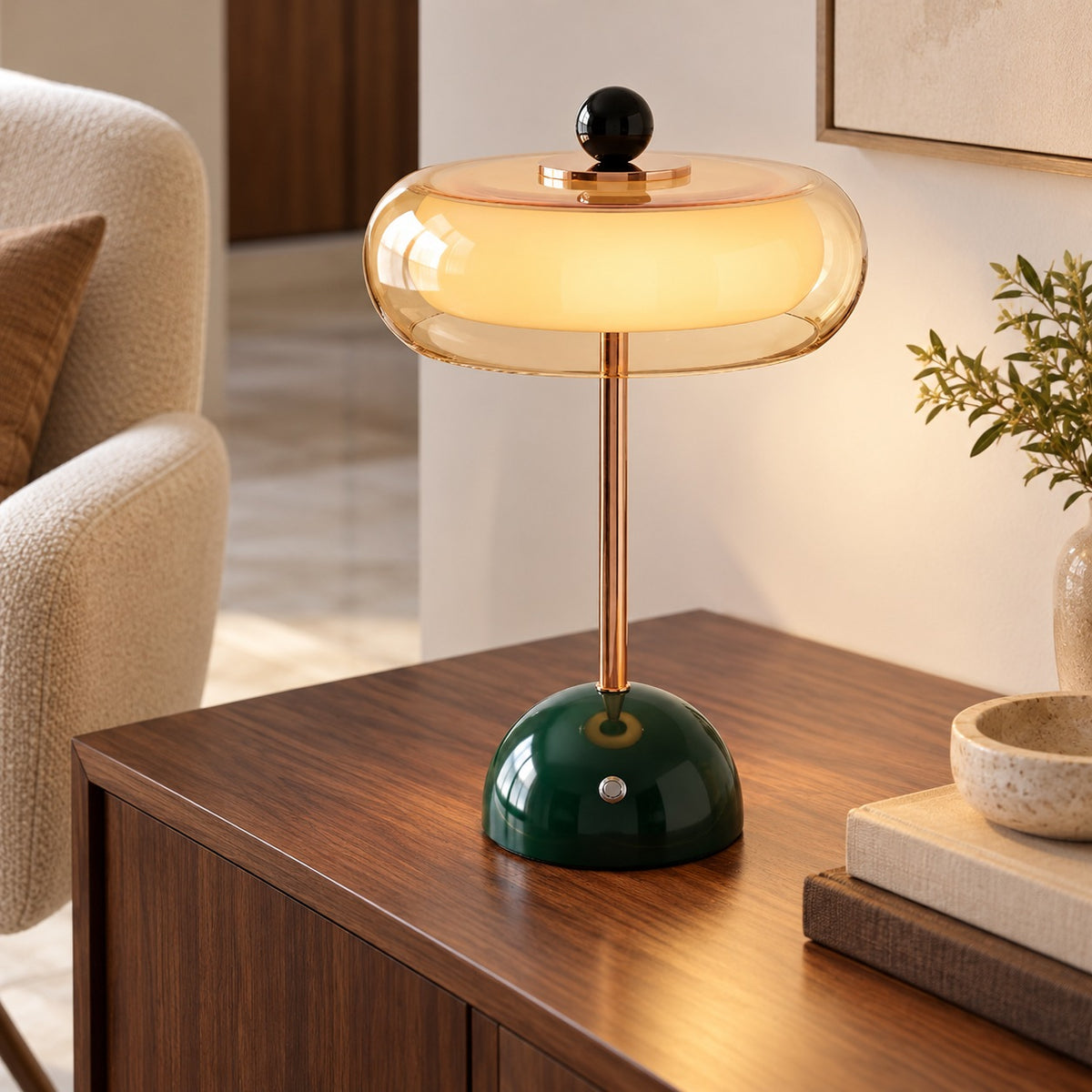 Contemporary Table Lamp Cordless Metal and Fabric Adjustable Brightness for Bedside Use