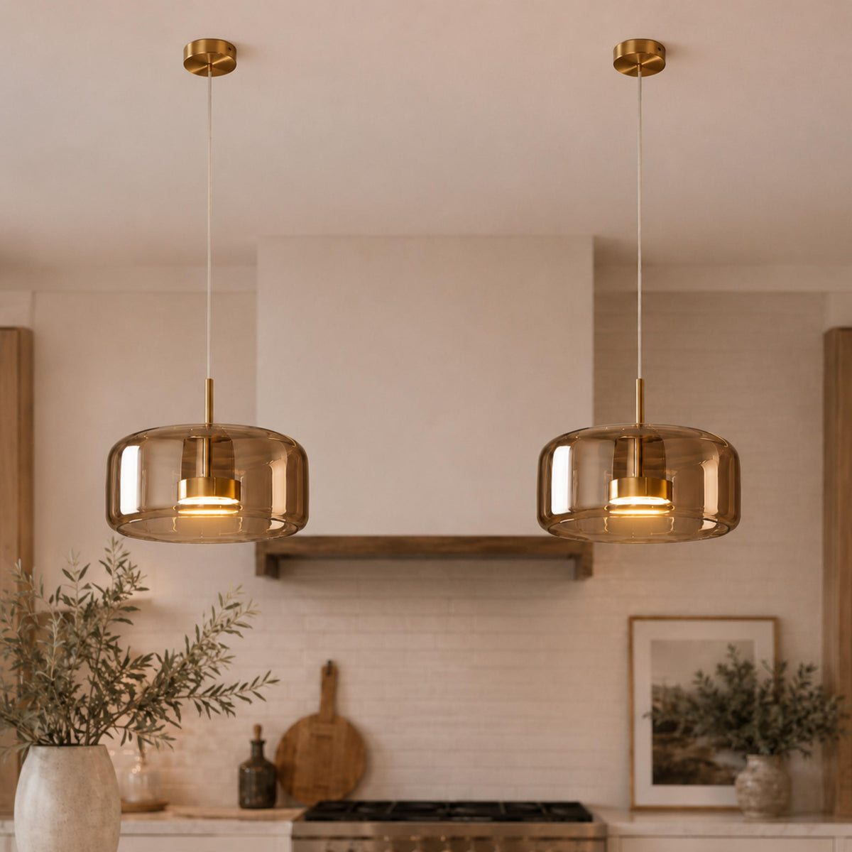 Modern Hanging Pendant Light Adjustable Black Iron Frame Hand-Blown Glass LED