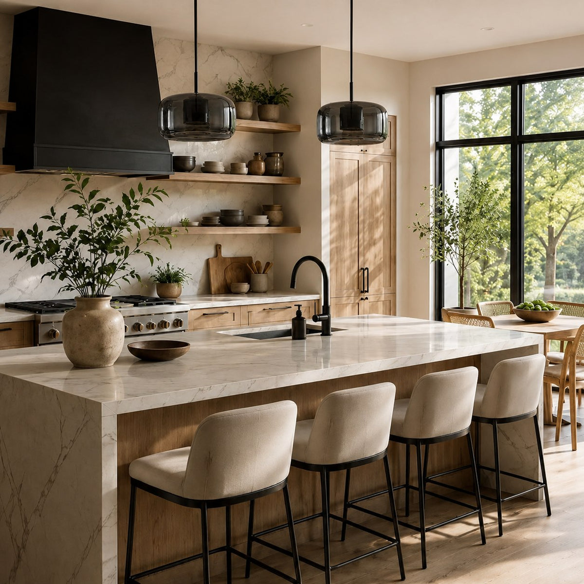 Modern Hanging Pendant Light Adjustable Black Iron Frame Hand-Blown Glass LED