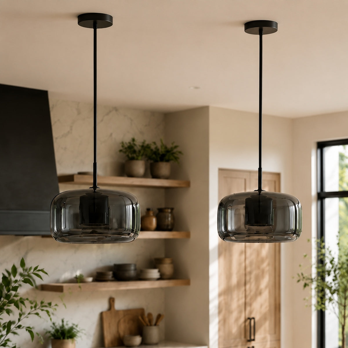 Modern Hanging Pendant Light Adjustable Black Iron Frame Hand-Blown Glass LED