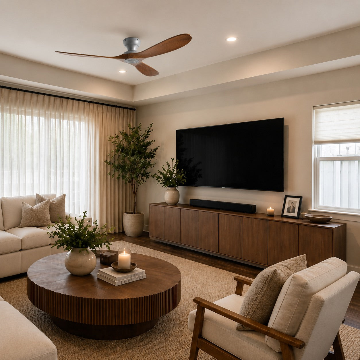 Modern Ceiling Fan with Wood Blades Flush Mount Quiet DC Motor 6-Speed Reversible Airflow