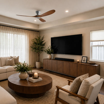 Modern Ceiling Fan with Wood Blades Flush Mount Quiet DC Motor 6-Speed Reversible Airflow