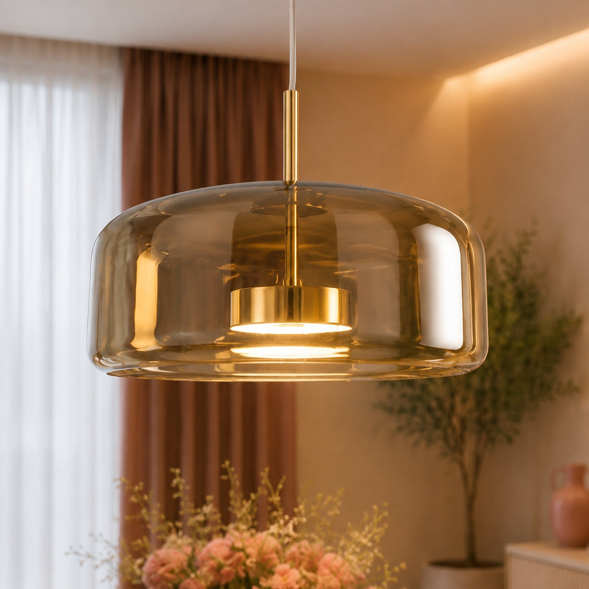 Modern Hanging Pendant Light Adjustable Black Iron Frame Hand-Blown Glass LED
