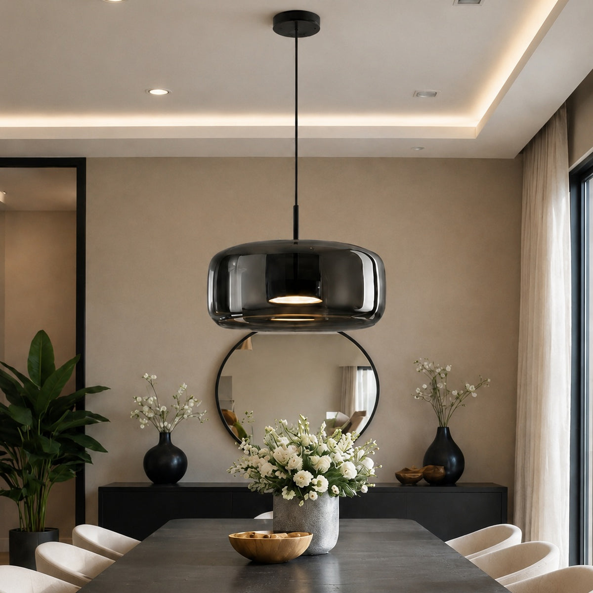 Modern Hanging Pendant Light Adjustable Black Iron Frame Hand-Blown Glass LED