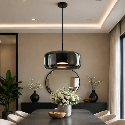 Modern Hanging Pendant Light Adjustable Black Iron Frame Hand-Blown Glass LED