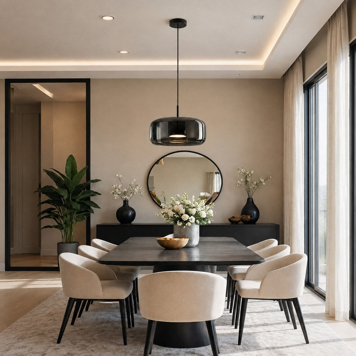 Modern Hanging Pendant Light Adjustable Black Iron Frame Hand-Blown Glass LED