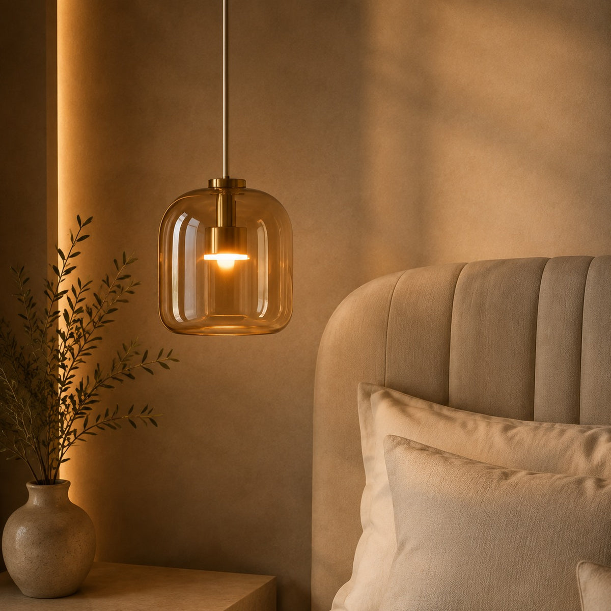Modern Hanging Pendant Light Adjustable Black Iron Frame Hand-Blown Glass LED