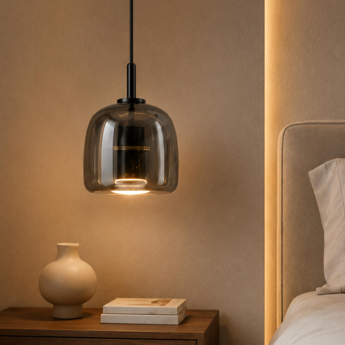 Modern Hanging Pendant Light Adjustable Black Iron Frame Hand-Blown Glass LED