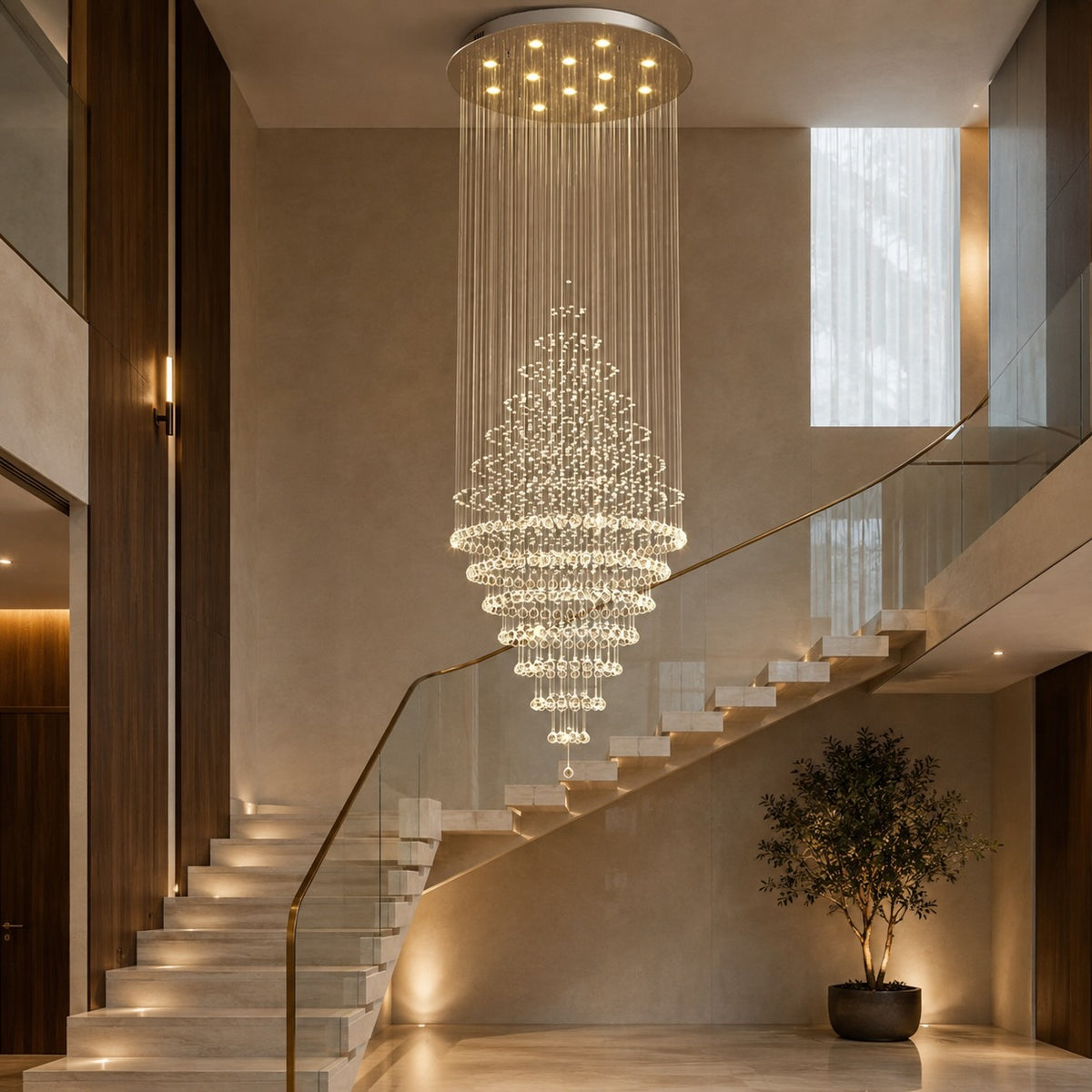 Modern Spiral Chandelier Hanging Fixture Adjustable Chrome Base K9 Crystal LED