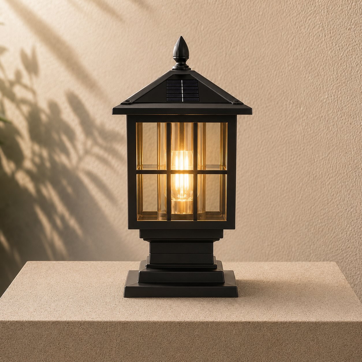 Solar Outdoor Pillar Light Wall Mounted Aluminum Alloy Glass Waterproof LED Dual Power
