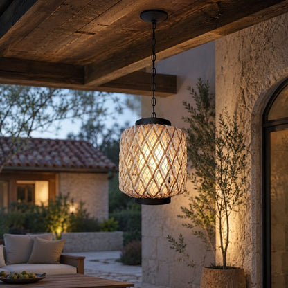 Modern Outdoor Hanging Pendant Light Fixture Rattan Iron Waterproof LED Compatible