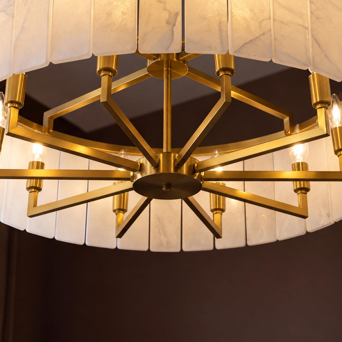 Modern Round Chandelier Adjustable Hanging Brass Alabaster 8 Light Fixture for Dining Room