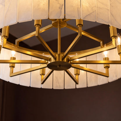 Modern Round Chandelier Adjustable Hanging Brass Alabaster 8 Light Fixture for Dining Room