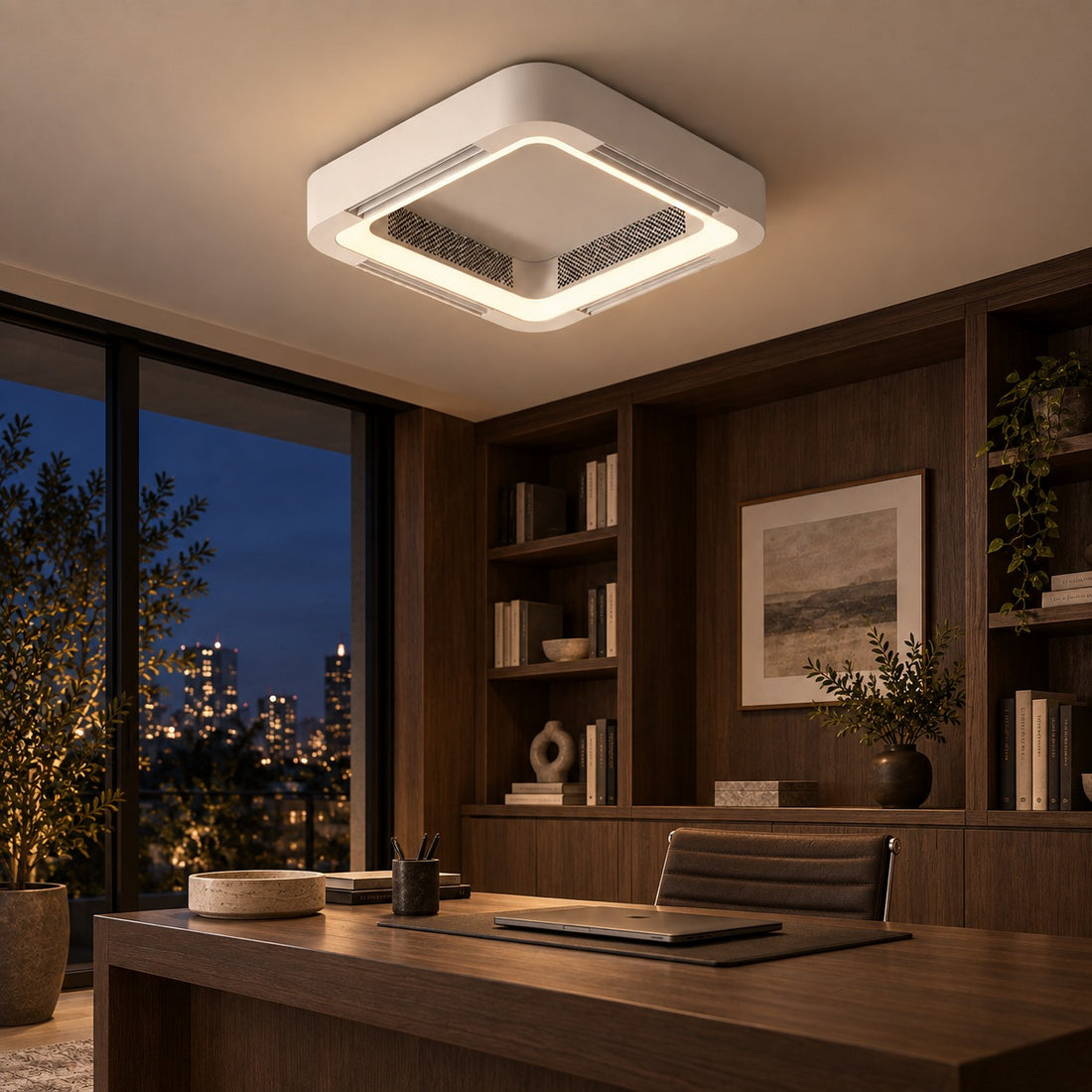 Modern Bladeless Ceiling Fan with Flush Mount Design Metal Body Dimmable LED Light and Remote Control
