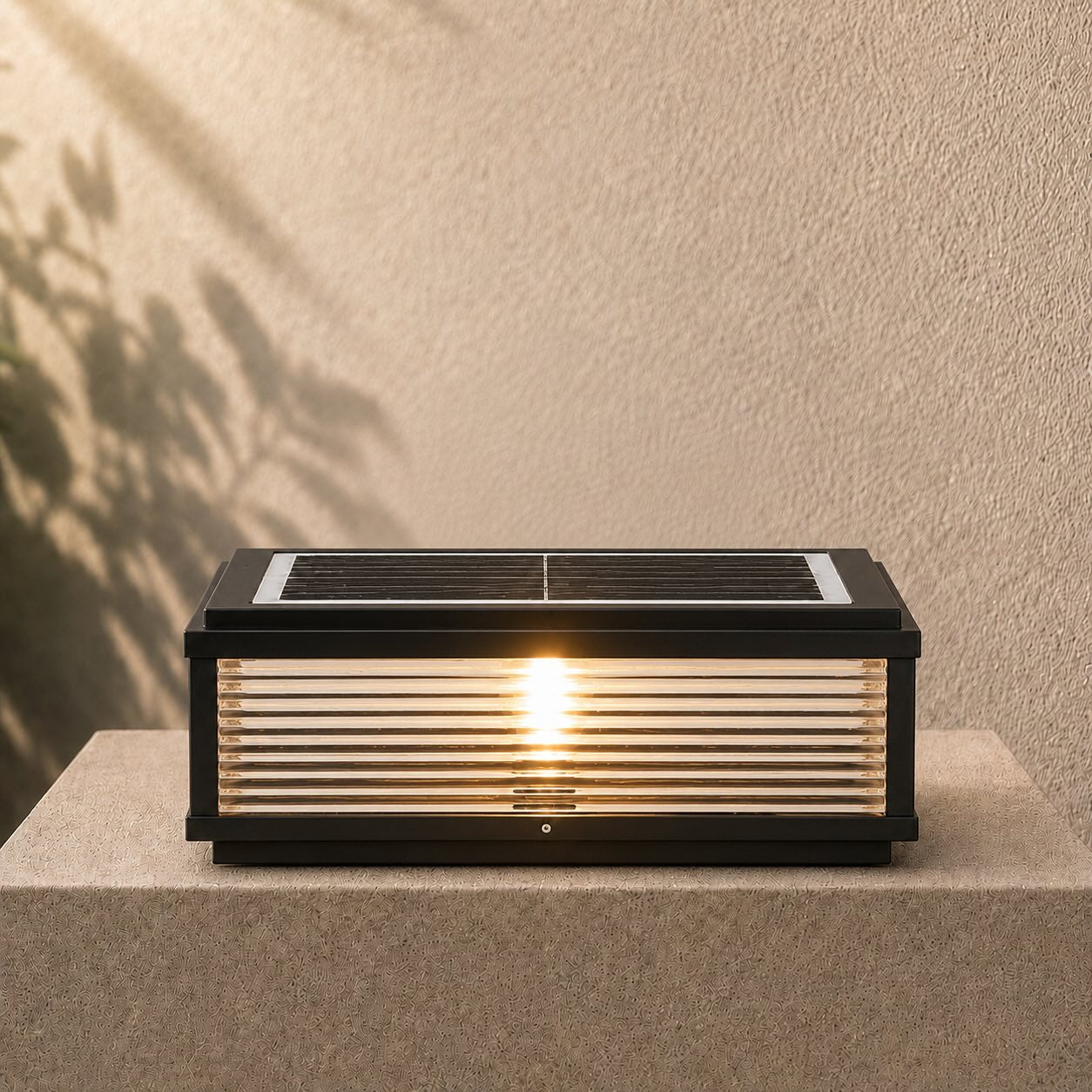 Solar Outdoor Pillar Light Modern Die-Cast Aluminum Ribbed Glass LED Adjustable Design