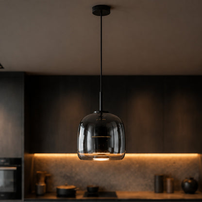Modern Hanging Pendant Light Adjustable Black Iron Frame Hand-Blown Glass LED