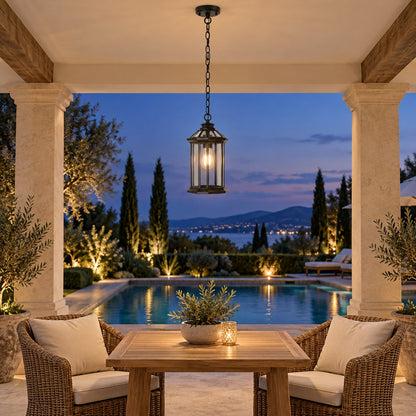 Traditional IP65 Outdoor Pendant Light with Clear Glass – Black Hanging Lantern