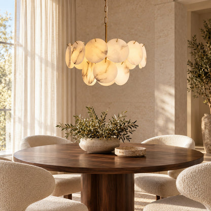 Modern Double-Tier Chandelier Hanging Brass Frame with Alabaster Discs and Adjustable Chain Length