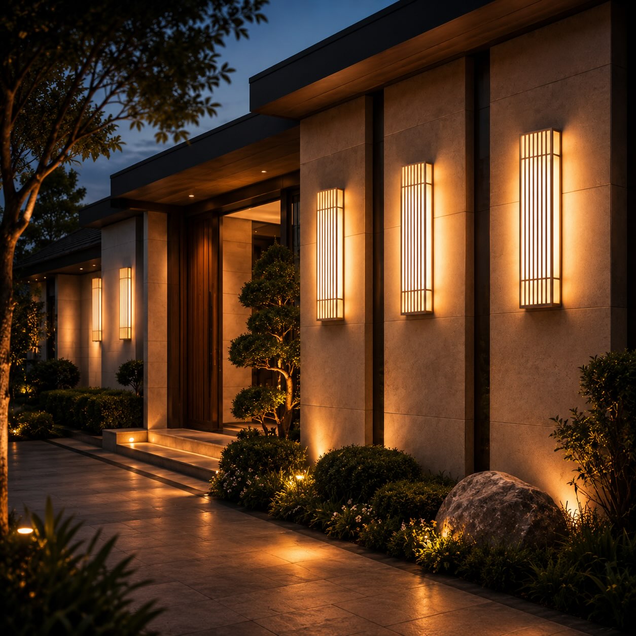 Modern Rectangle Outdoor Wall Light IP65 Waterproof Stainless Steel LED Vertical Grid Design