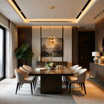 Modern Hanging Pendant Light Adjustable Black Iron Frame Hand-Blown Glass LED