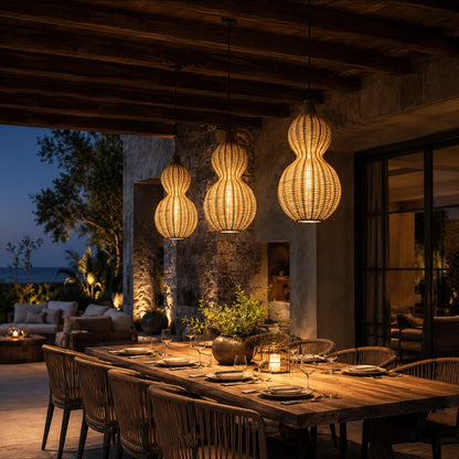 Modern Rattan Pendant Light Hanging Fixture with 12W LED Warm White for Outdoor Use