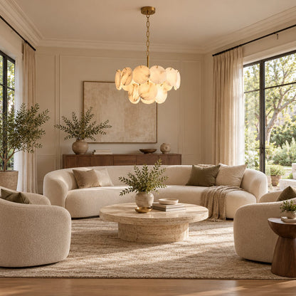 Modern Double-Tier Chandelier Hanging Brass Frame with Alabaster Discs and Adjustable Chain Length