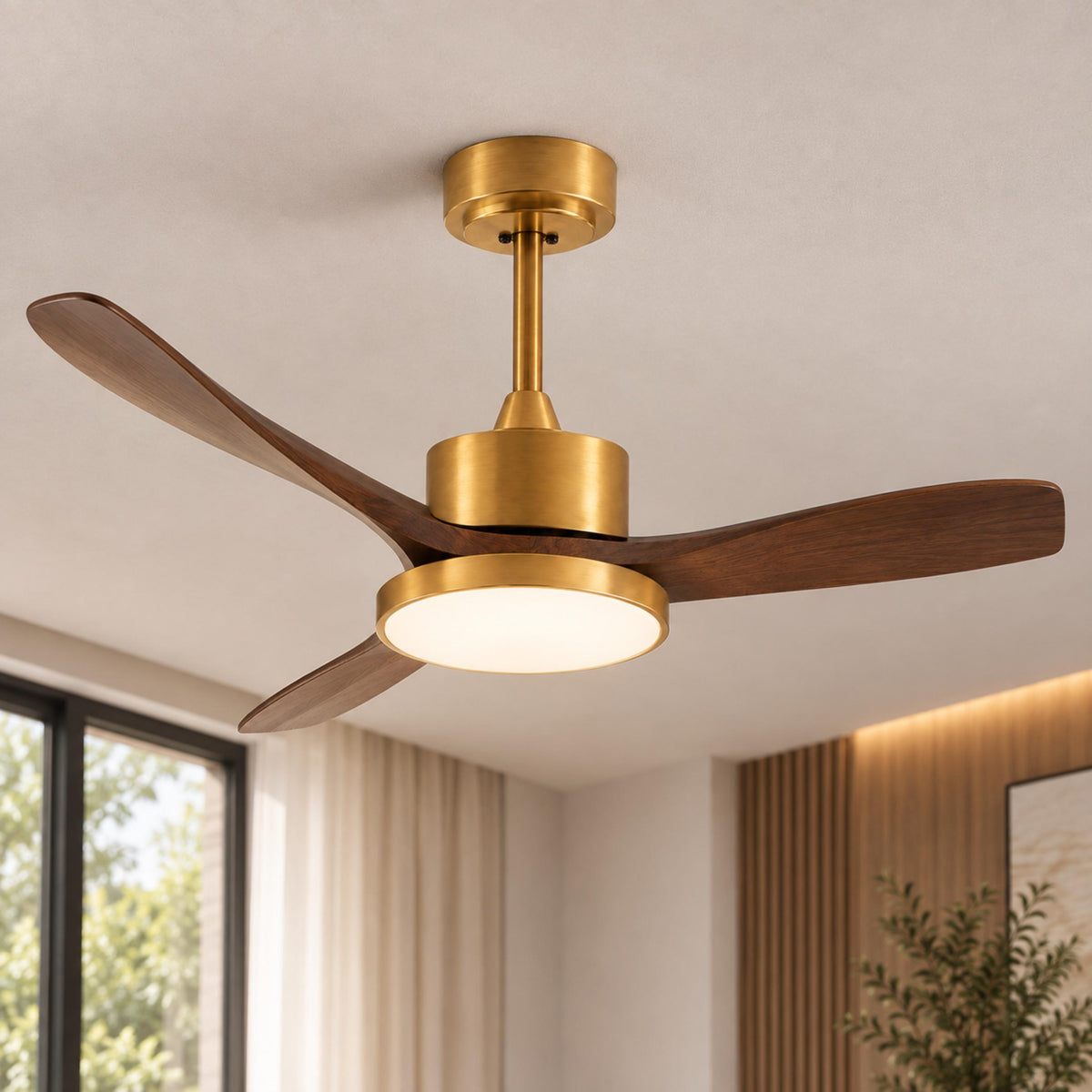 Modern Flush Mount Ceiling Fan with Integrated LED Lights Wooden Blades 6-Speed Control