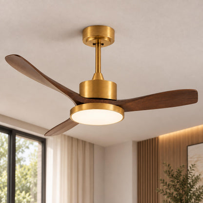 Modern Flush Mount Ceiling Fan with Integrated LED Lights Wooden Blades 6-Speed Control