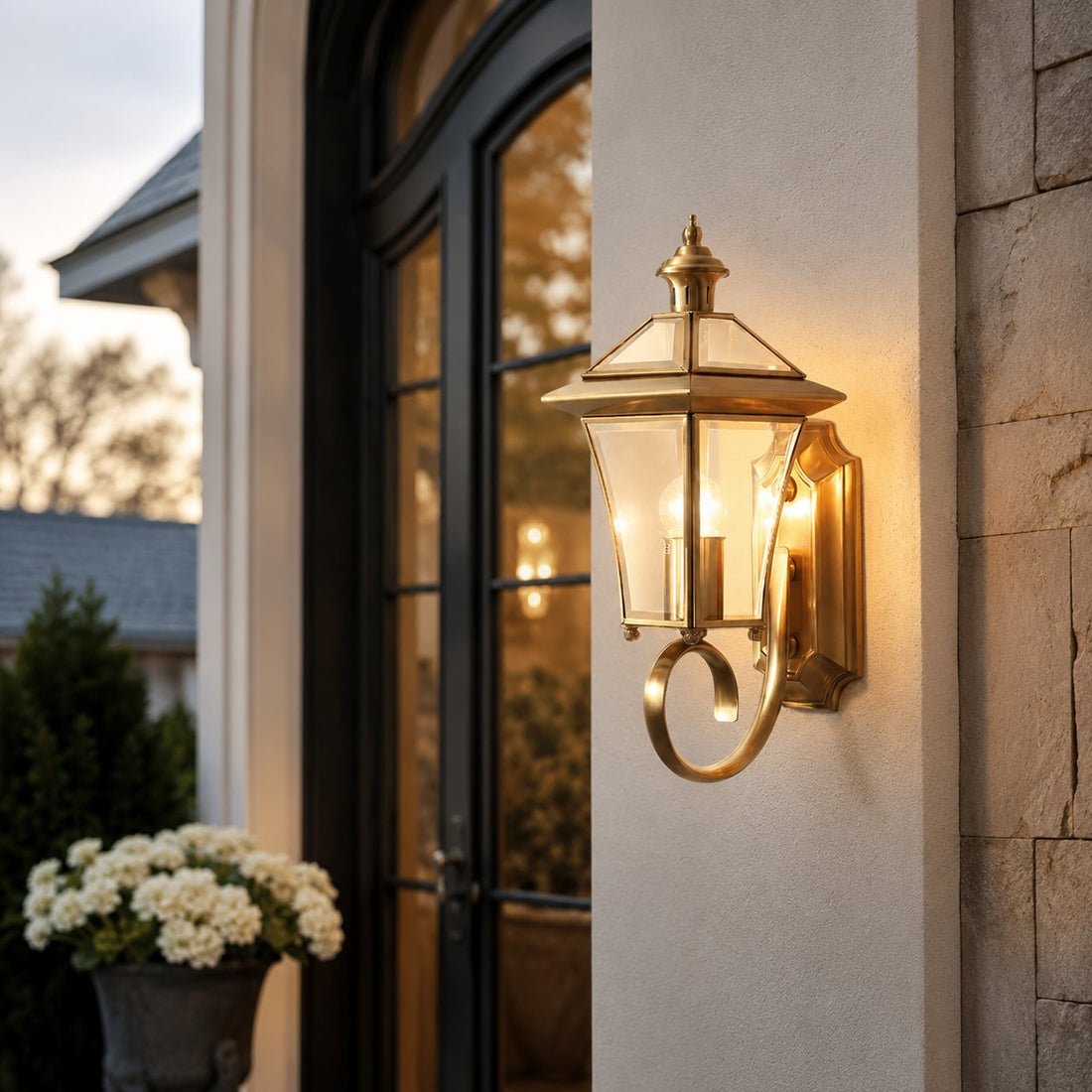 Retro Outdoor Wall Lantern Brass Frame Transparent Glass Shade Weatherproof E26 Compatible LED