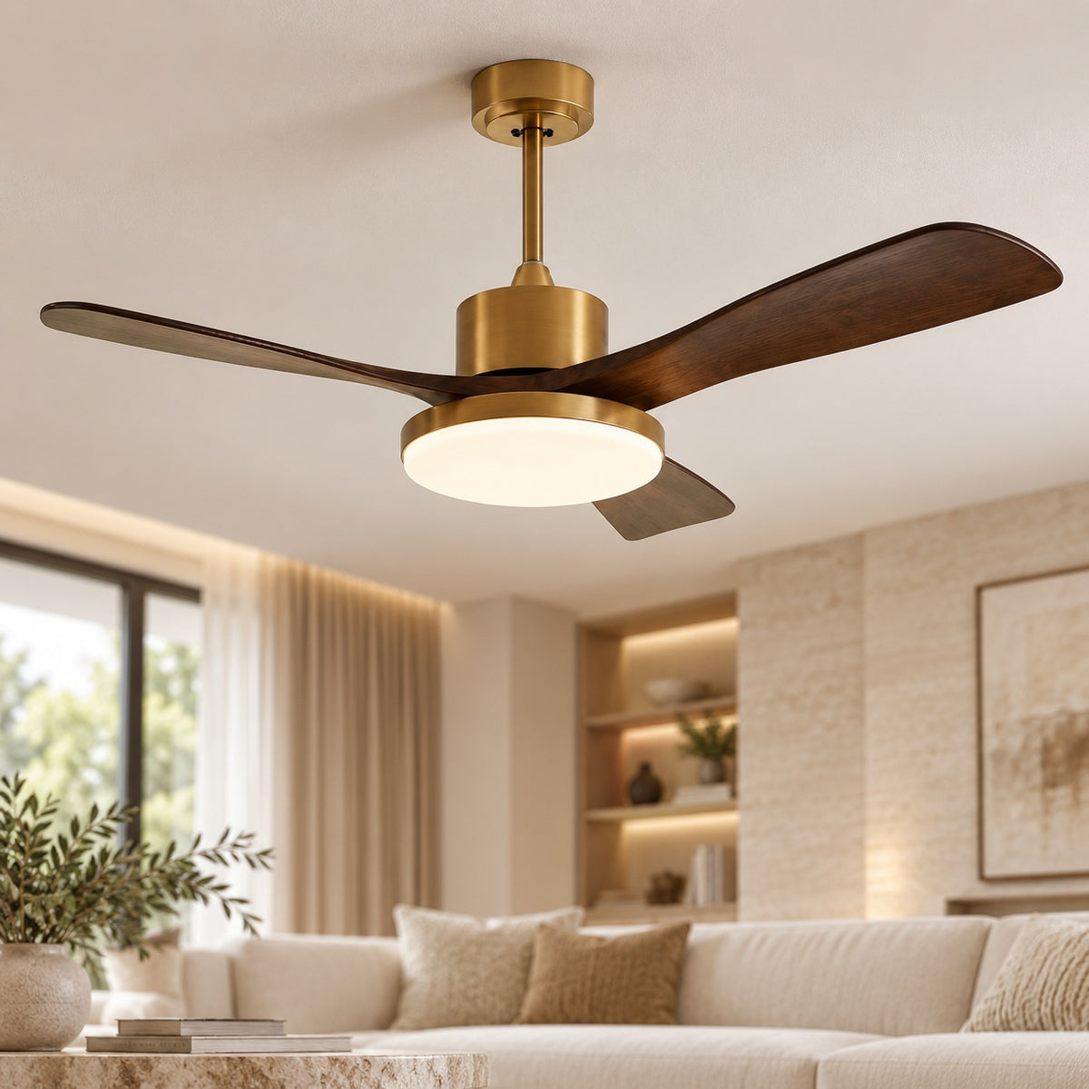 Modern Flush Mount Ceiling Fan with Integrated LED Lights Wooden Blades 6-Speed Control