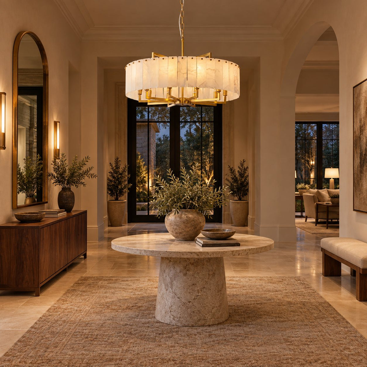 Modern Round Chandelier Adjustable Hanging Brass Alabaster 8 Light Fixture for Dining Room