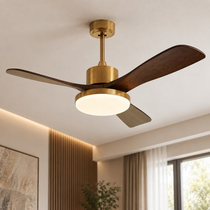 Modern Flush Mount Ceiling Fan with Integrated LED Lights Wooden Blades 6-Speed Control