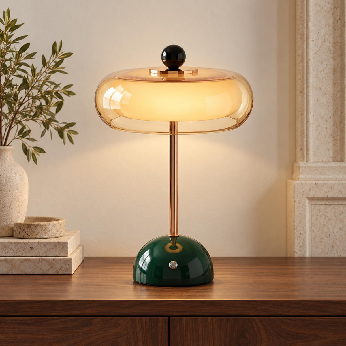Contemporary Table Lamp Cordless Metal and Fabric Adjustable Brightness for Bedside Use
