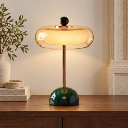 Contemporary Table Lamp Cordless Metal and Fabric Adjustable Brightness for Bedside Use
