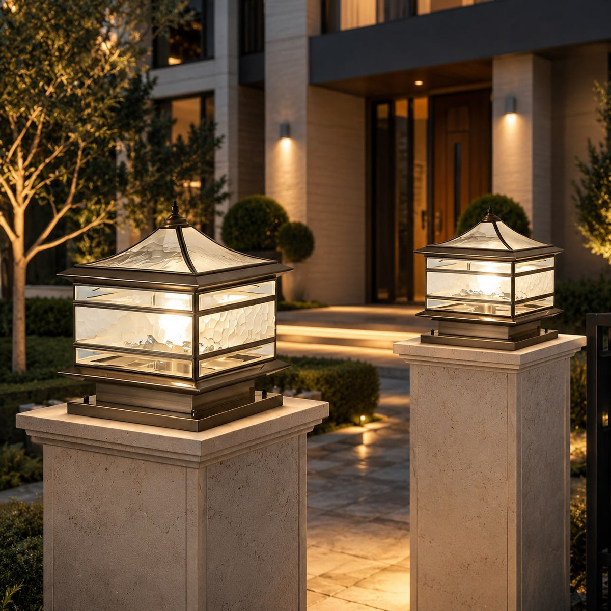 Solar Outdoor Wall Light with Vintage Copper Finish and Waterproof Tempered Glass LED Illumination