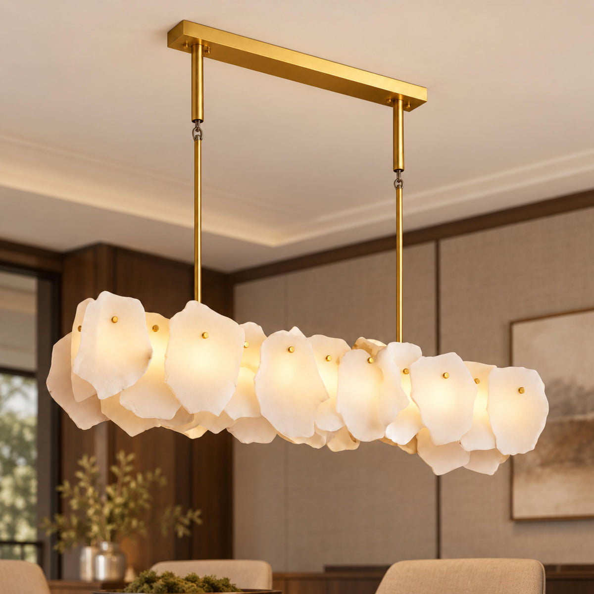 Modern Linear Chandelier Hanging Alabaster Shades Gold Suspension LED Light Fixture