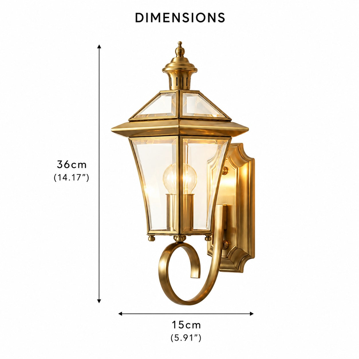 Retro Outdoor Wall Lantern Brass Frame Transparent Glass Shade Weatherproof E26 Compatible LED