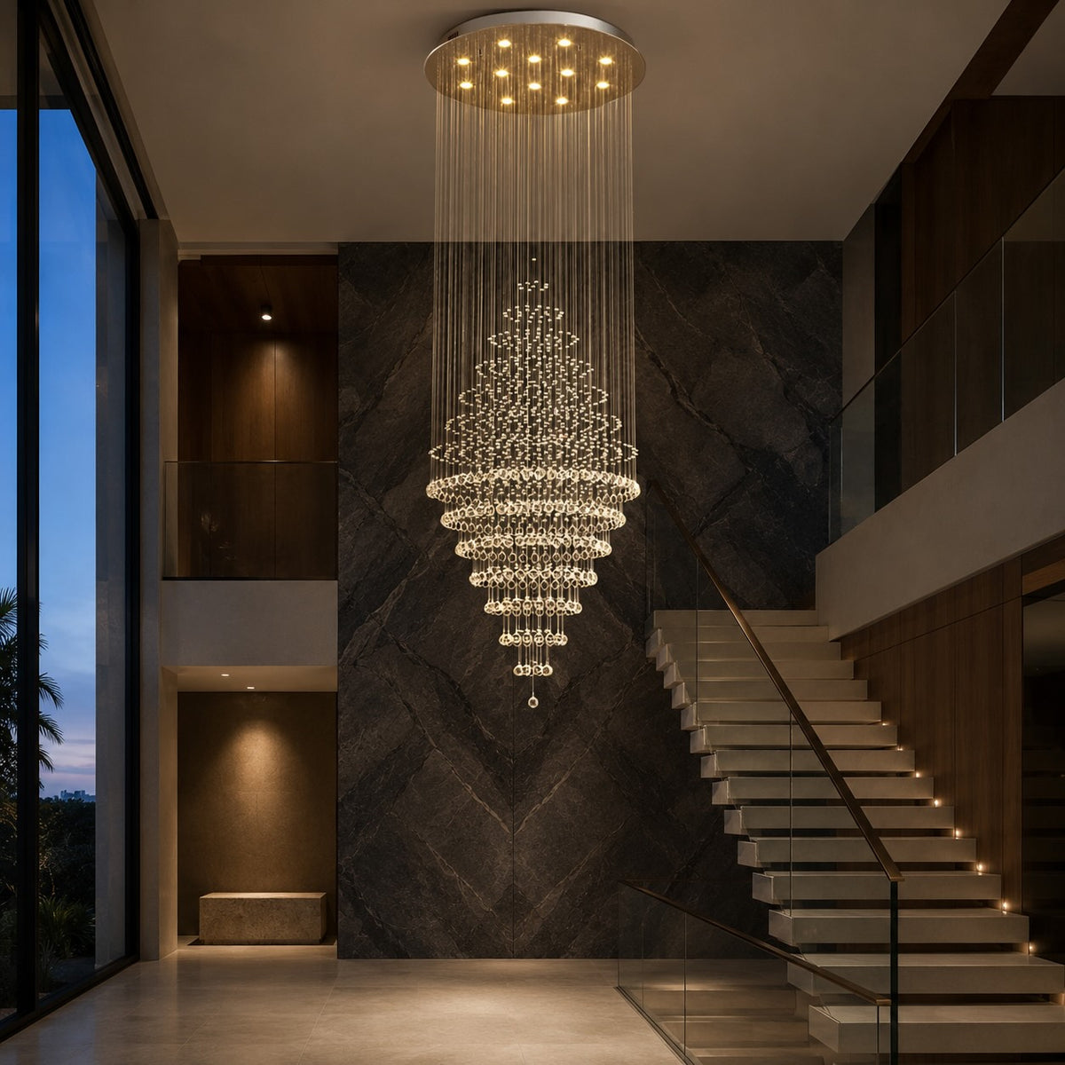 Modern Spiral Chandelier Hanging Fixture Adjustable Chrome Base K9 Crystal LED