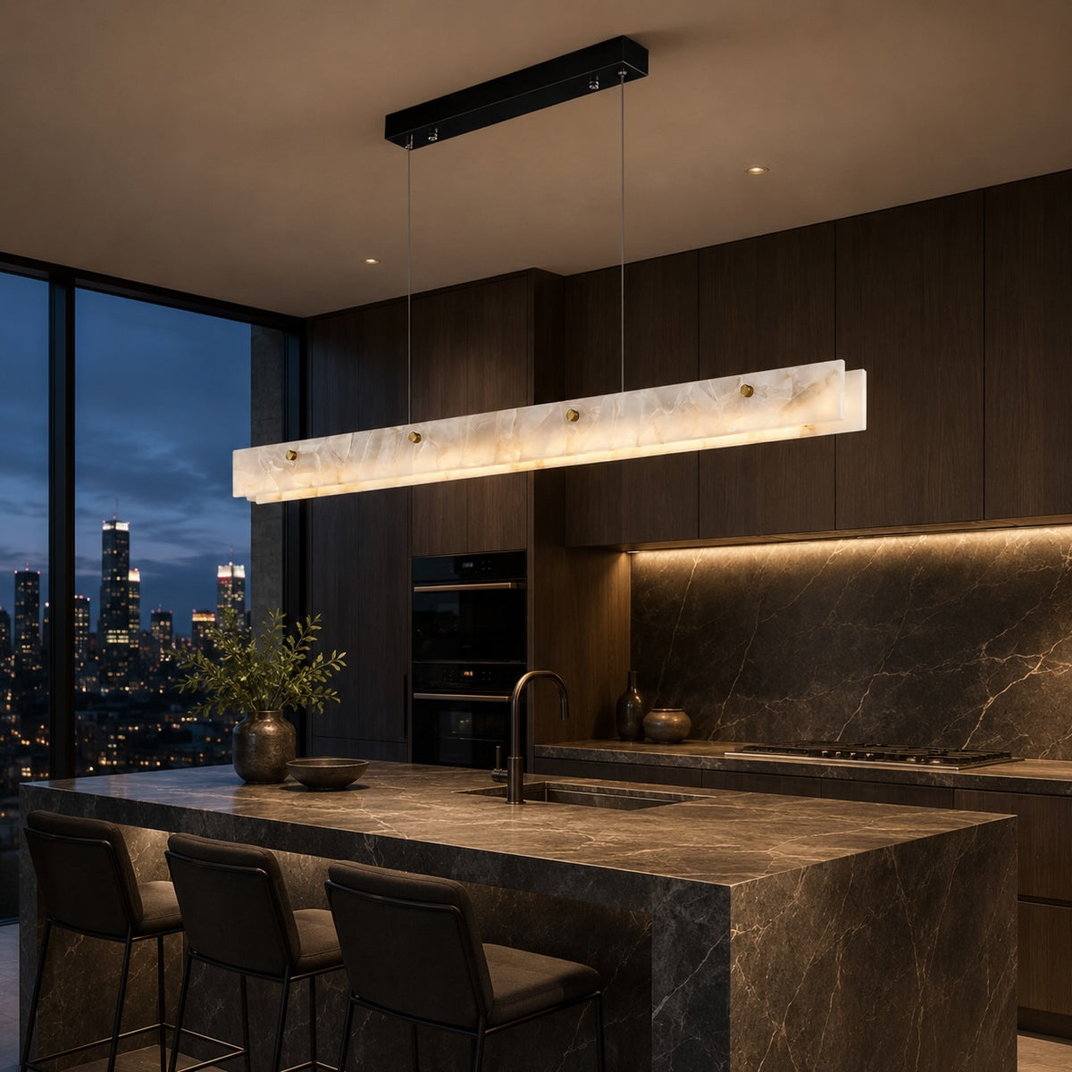 Modern Pendant Light Adjustable Hanging Stainless Steel and Marble LED Fixture for Kitchen Island