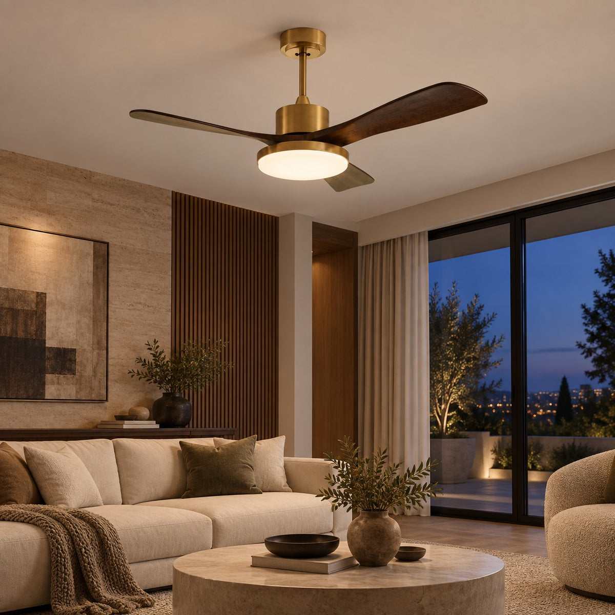 Modern Flush Mount Ceiling Fan with Integrated LED Lights Wooden Blades 6-Speed Control