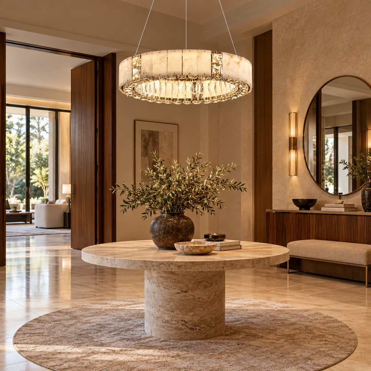 Modern Crystal Chandelier Hanging Light Fixture with Adjustable LED Alabaster Design